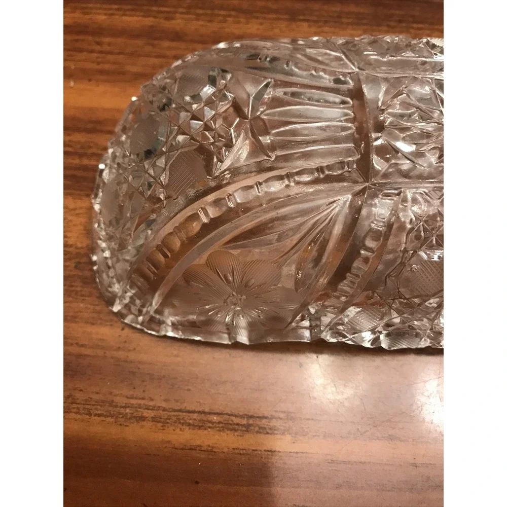 Vintage cut glass relish‎ Dish floral design Sawtooth Divided 8 In